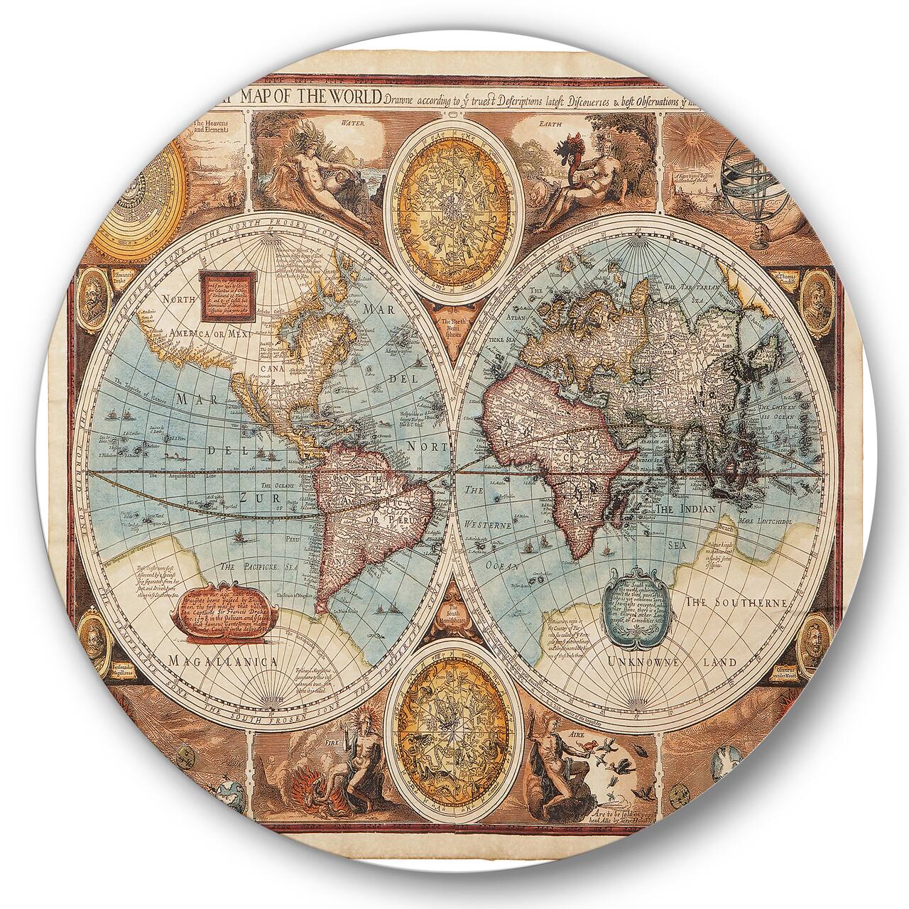 Designart - Ancient Map of The World VIII - Vintage Metal Circle Wall Art